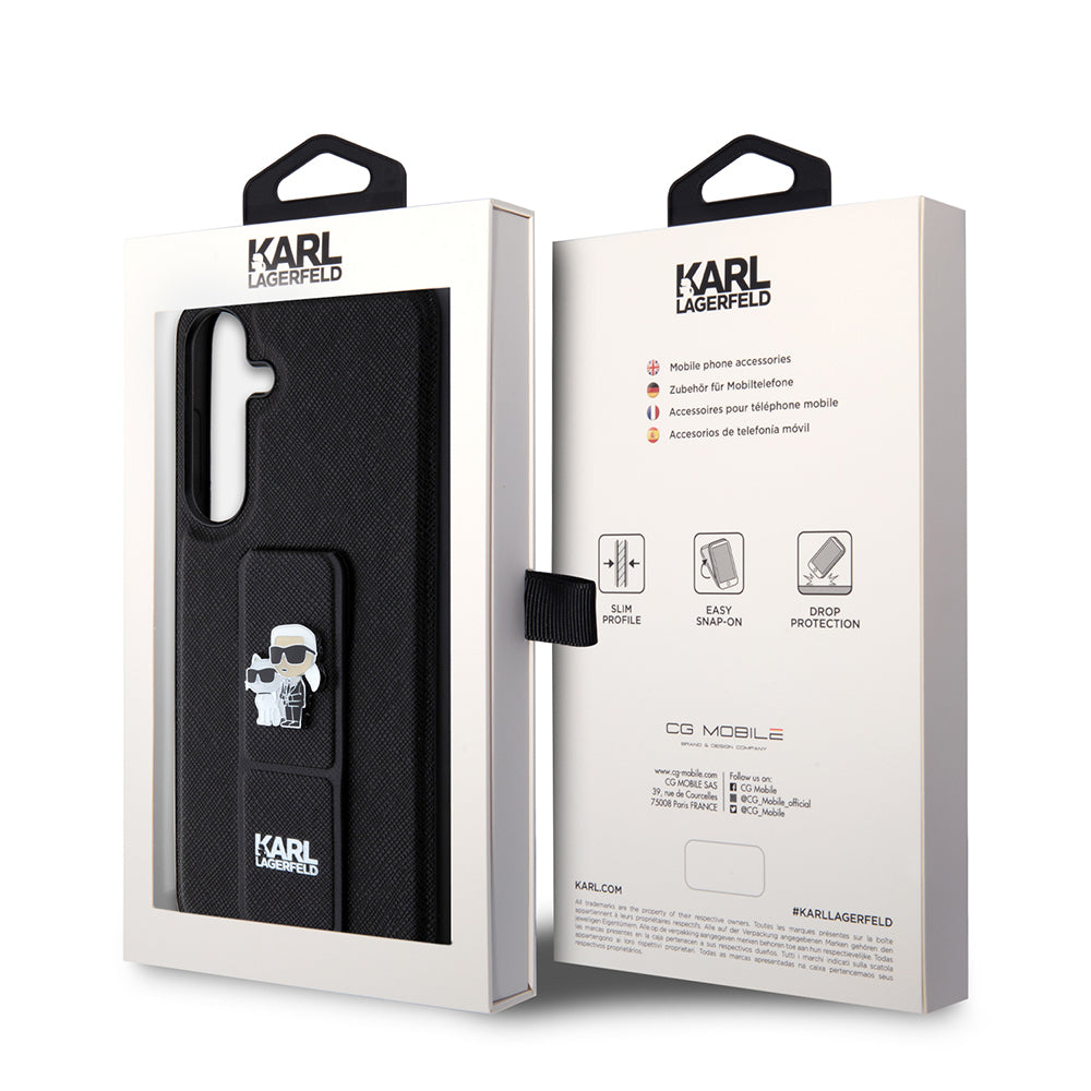 Puzdro MagSafe pre Samsung Galaxy S24+ S926, Karl Lagerfeld, Saffiano Gripstand Karl & Choupette, Čierne