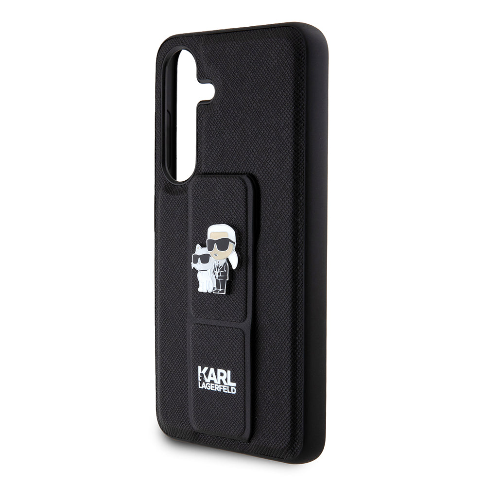 Puzdro MagSafe pre Samsung Galaxy S24 S921, Karl Lagerfeld, Saffiano Gripstand Karl & Choupette, Čierne