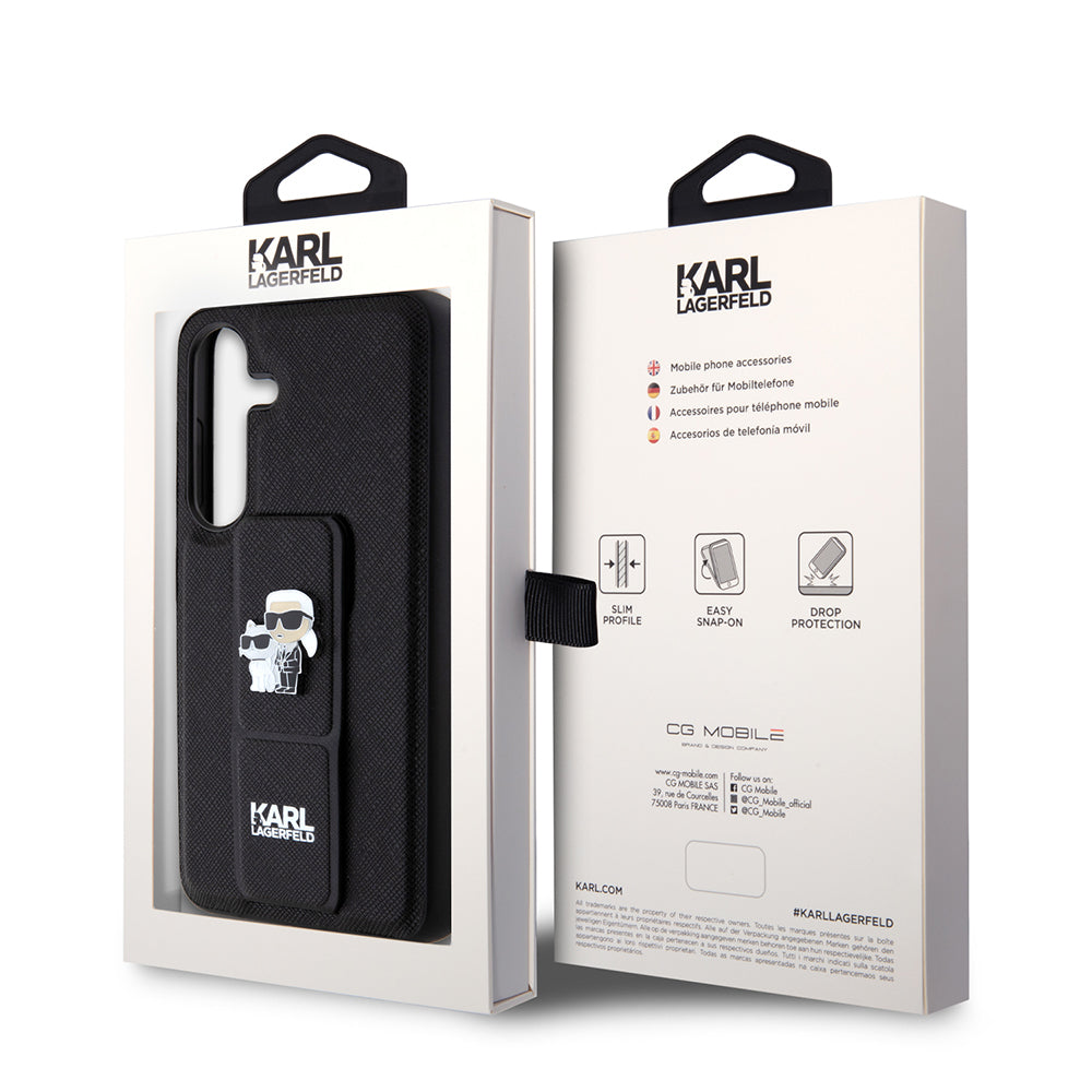 Puzdro MagSafe pre Samsung Galaxy S24 S921, Karl Lagerfeld, Saffiano Gripstand Karl & Choupette, Čierne