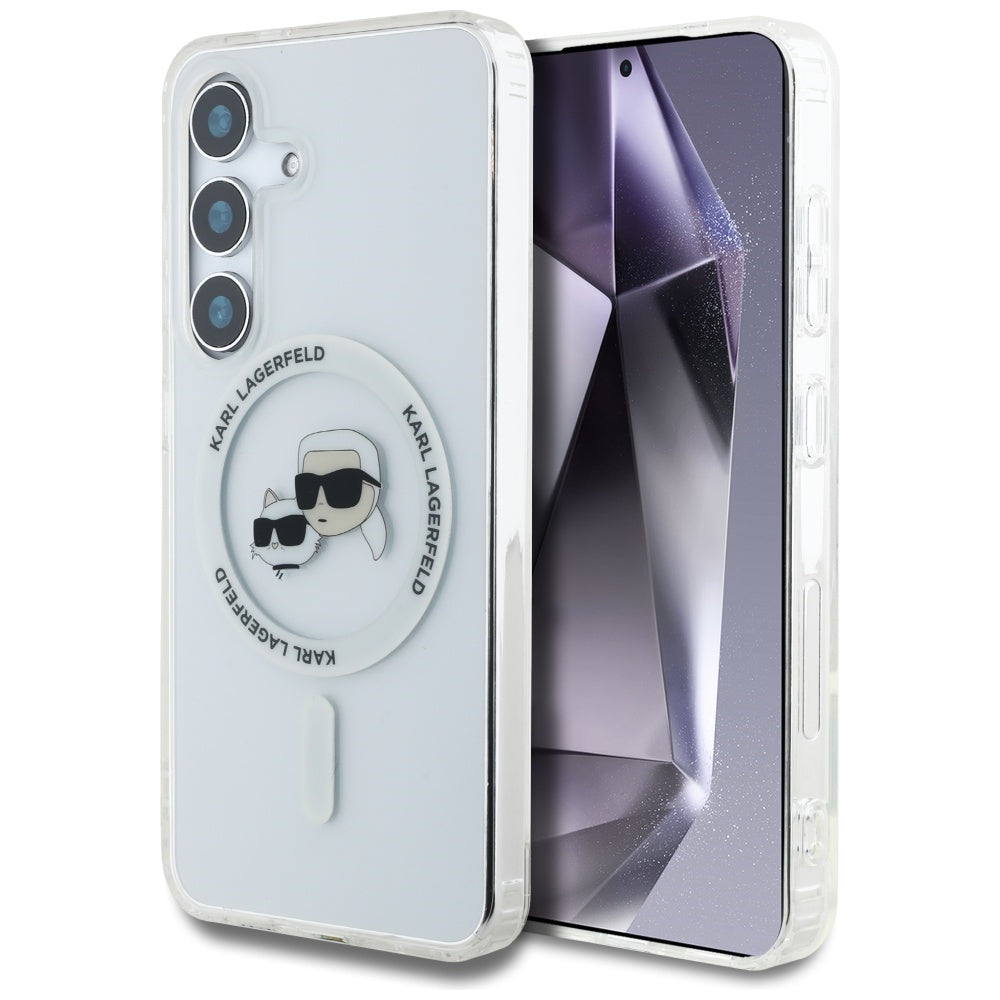 Puzdro MagSafe pre Samsung Galaxy S25 S931, Karl Lagerfeld, IML Metal Karl & Choupette's Heads, Biela