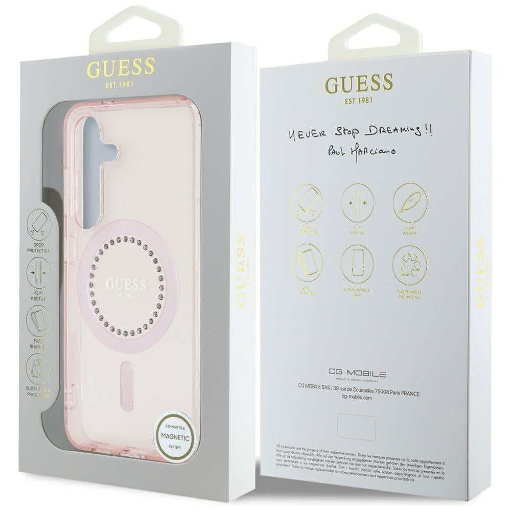 Puzdro MagSafe pre Samsung Galaxy S25 S931, Guess, IML Rhinestone, Ružové