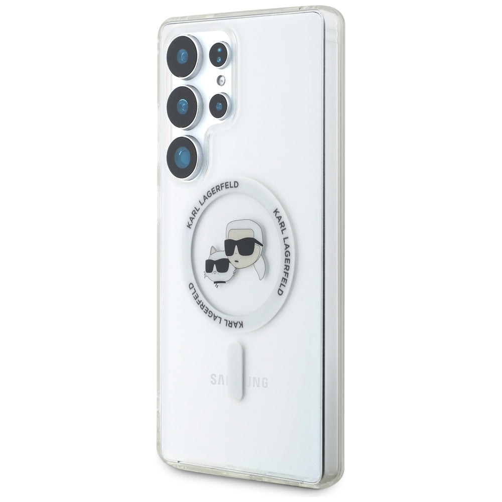 Puzdro MagSafe pre Samsung Galaxy S25 Ultra S938, Karl Lagerfeld, IML Metal Karl & Choupette's Heads, Biela