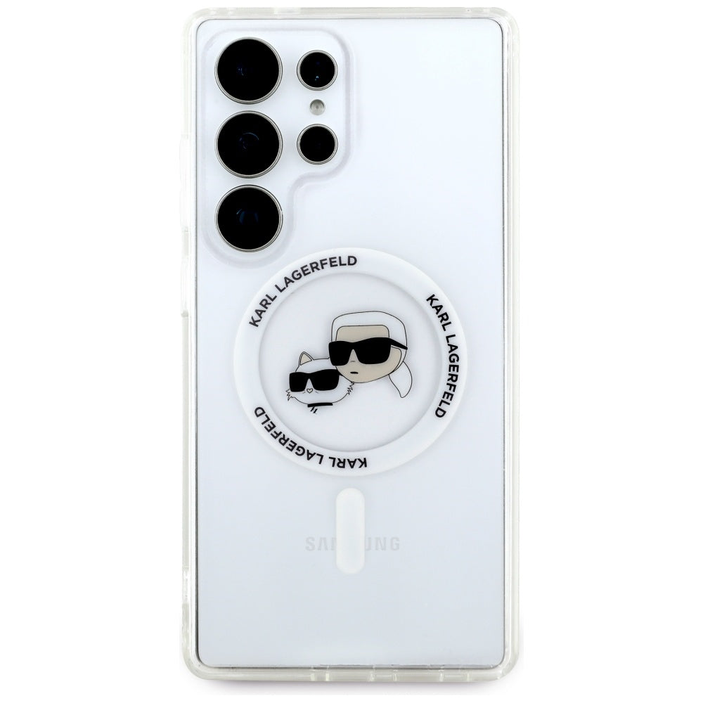 Puzdro MagSafe pre Samsung Galaxy S25 Ultra S938, Karl Lagerfeld, IML Metal Karl & Choupette's Heads, Biela