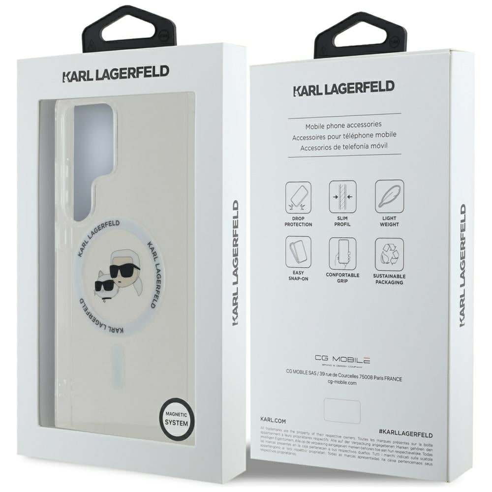 Puzdro MagSafe pre Samsung Galaxy S25 Ultra S938, Karl Lagerfeld, IML Metal Karl & Choupette's Heads, Biela