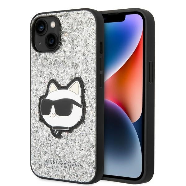 Puzdro pre Apple iPhone 14, Karl Lagerfeld, Glitter Choupette Patch, Strieborné