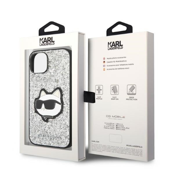 Puzdro pre Apple iPhone 14, Karl Lagerfeld, Glitter Choupette Patch, Strieborné