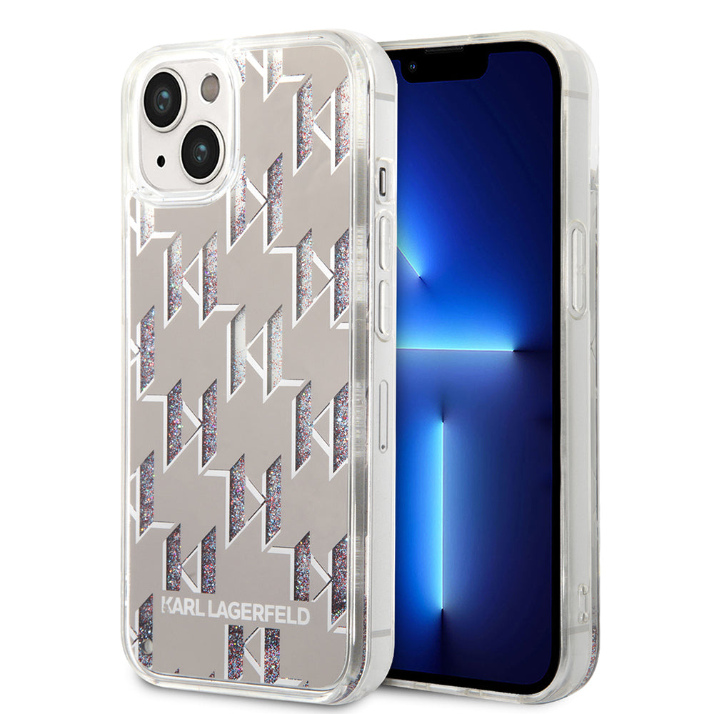 Puzdro pre Apple iPhone 14, Karl Lagerfeld, Liquid Glitter Monogram, Strieborné
