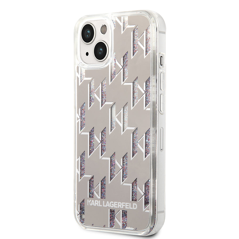 Puzdro pre Apple iPhone 14, Karl Lagerfeld, Liquid Glitter Monogram, Strieborné