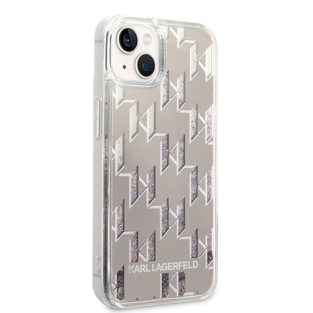 Puzdro pre Apple iPhone 14, Karl Lagerfeld, Liquid Glitter Monogram, Strieborné