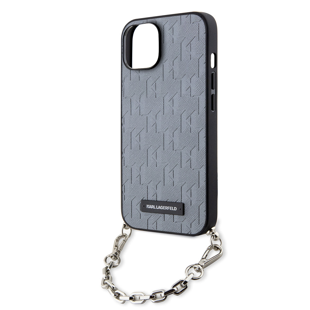 Puzdro pre Apple iPhone 14, Karl Lagerfeld, Saffiano Monogram Chain, Strieborné