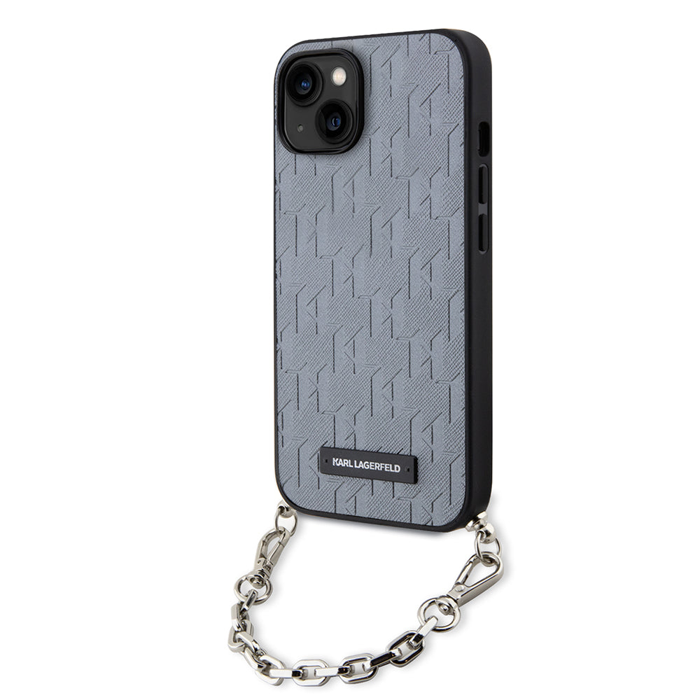 Puzdro pre Apple iPhone 14, Karl Lagerfeld, Saffiano Monogram Chain, Strieborné