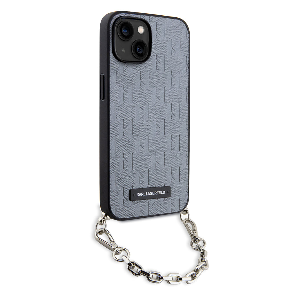Puzdro pre Apple iPhone 14, Karl Lagerfeld, Saffiano Monogram Chain, Strieborné