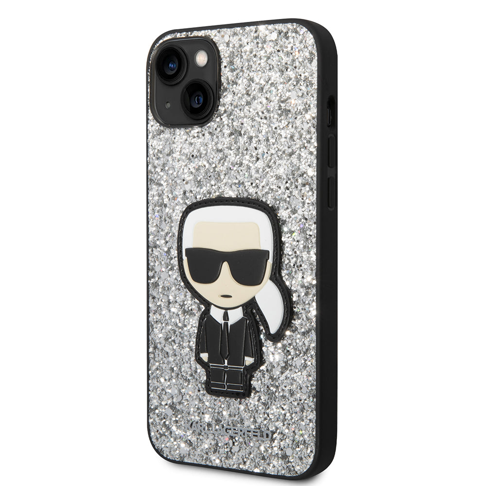 Puzdro pre Apple iPhone 14 Plus, Karl Lagerfeld, Glitter Flakes Ikonik Karl, Strieborné