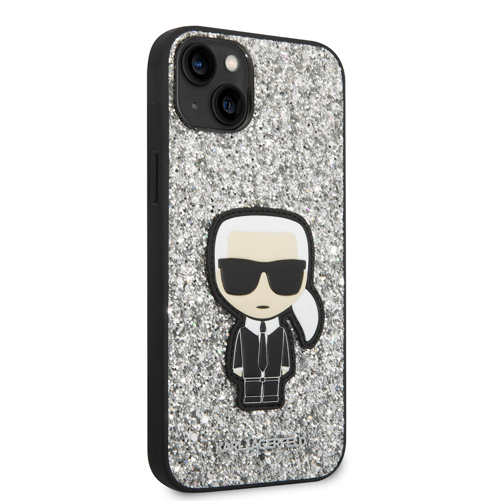 Puzdro pre Apple iPhone 14 Plus, Karl Lagerfeld, Glitter Flakes Ikonik Karl, Strieborné
