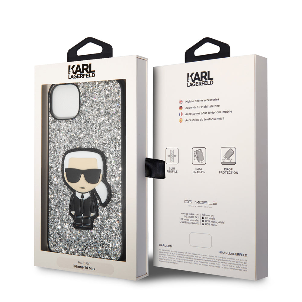 Puzdro pre Apple iPhone 14 Plus, Karl Lagerfeld, Glitter Flakes Ikonik Karl, Strieborné
