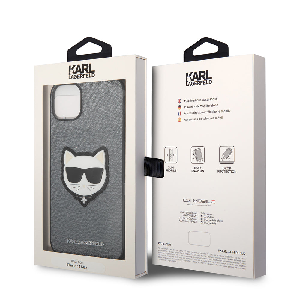 Puzdro pre Apple iPhone 14 Plus, Karl Lagerfeld, Saffiano Choupette's Head, Strieborné