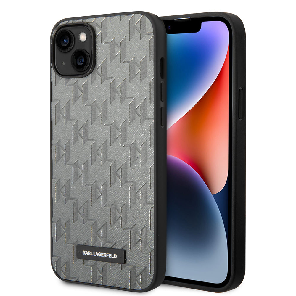 Puzdro pre Apple iPhone 14 Plus, Karl Lagerfeld, Saffiano Monogram Metal Logo, Sivé
