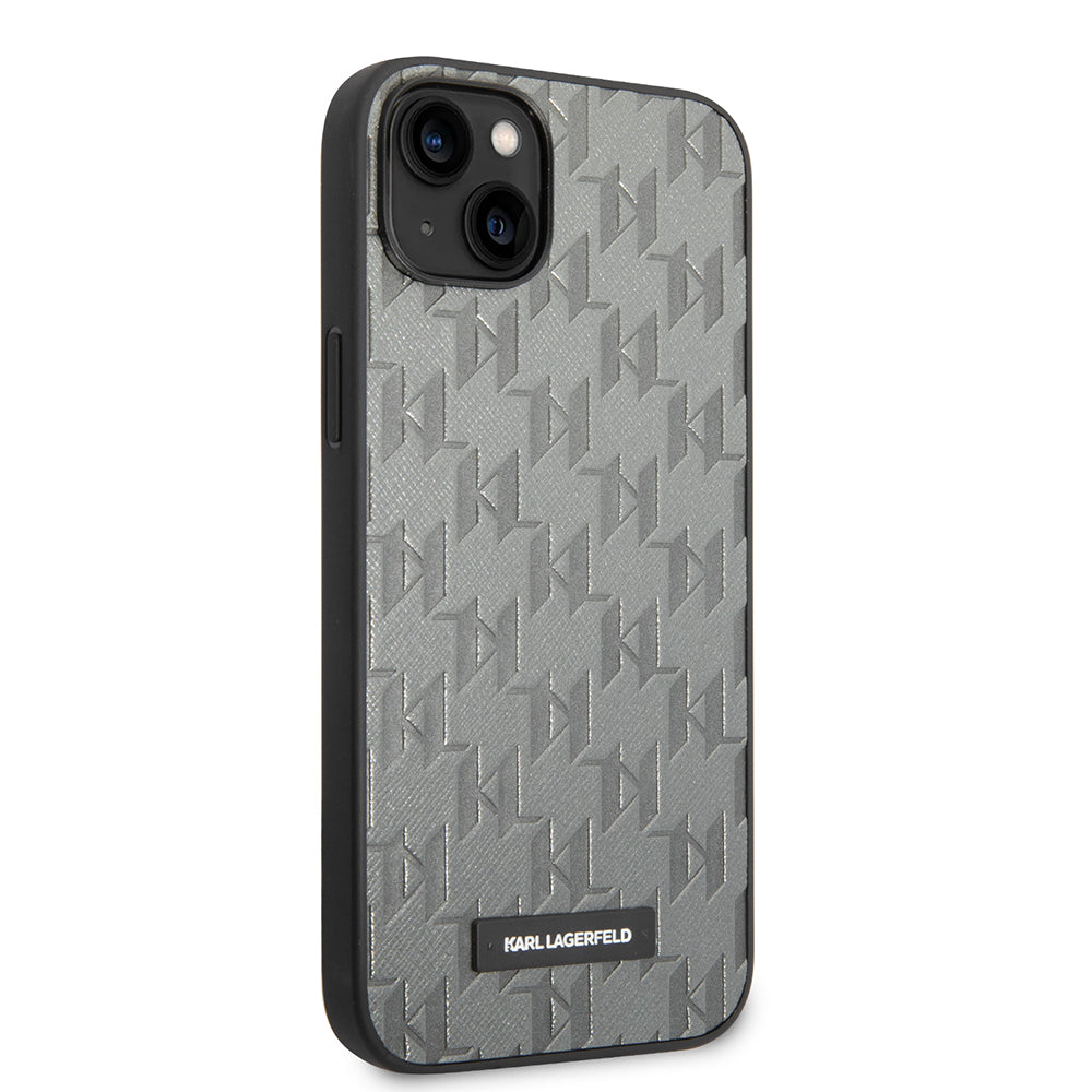 Puzdro pre Apple iPhone 14 Plus, Karl Lagerfeld, Saffiano Monogram Metal Logo, Sivé