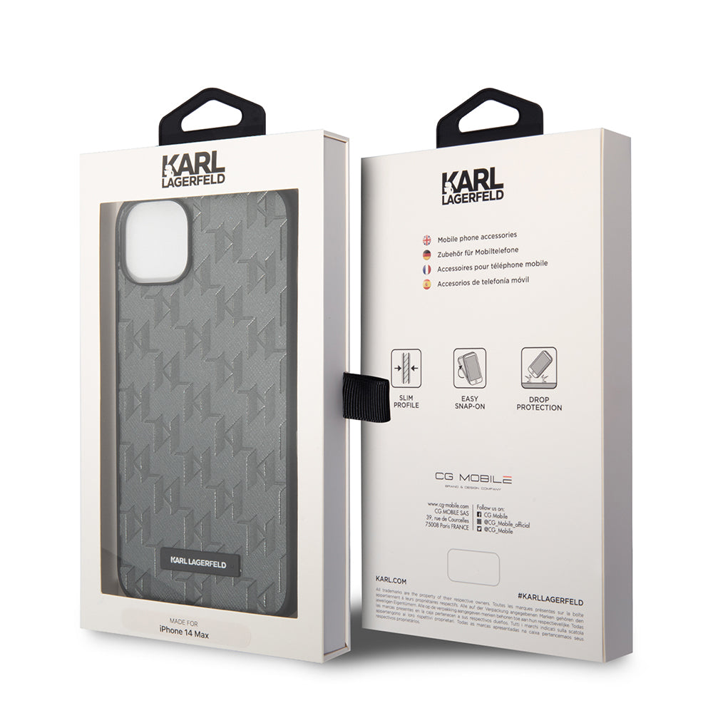Puzdro pre Apple iPhone 14 Plus, Karl Lagerfeld, Saffiano Monogram Metal Logo, Sivé