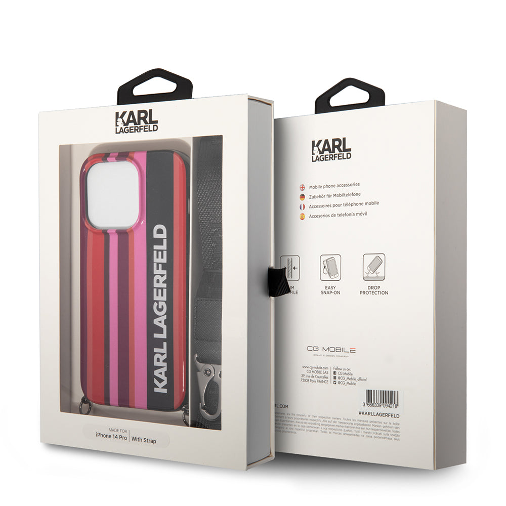 Puzdro pre Apple iPhone 14 Pro, Karl Lagerfeld, Color Stripes with Strap, Ružová