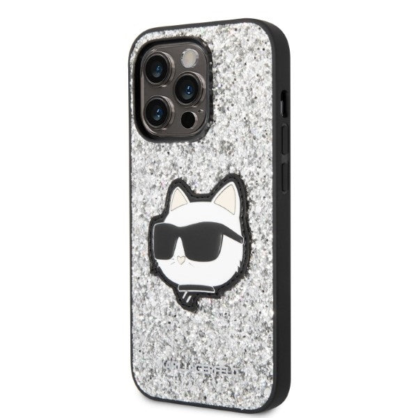 Puzdro pre Apple iPhone 14 Pro, Karl Lagerfeld, Glitter Choupette Patch, Strieborné