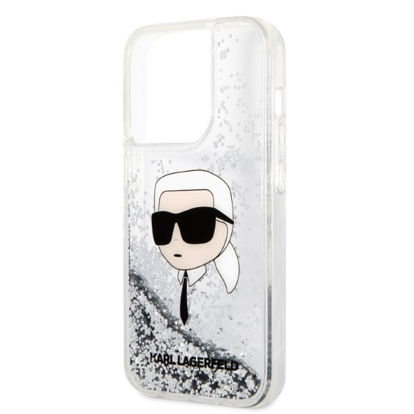 Puzdro pre Apple iPhone 14 Pro, Karl Lagerfeld, Glitter Karl's Head, Strieborné.
