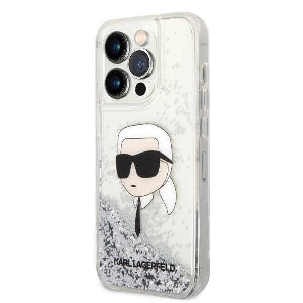 Puzdro pre Apple iPhone 14 Pro, Karl Lagerfeld, Glitter Karl's Head, Strieborné.