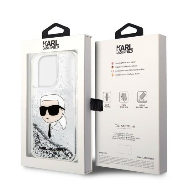 Puzdro pre Apple iPhone 14 Pro, Karl Lagerfeld, Glitter Karl's Head, Strieborné.