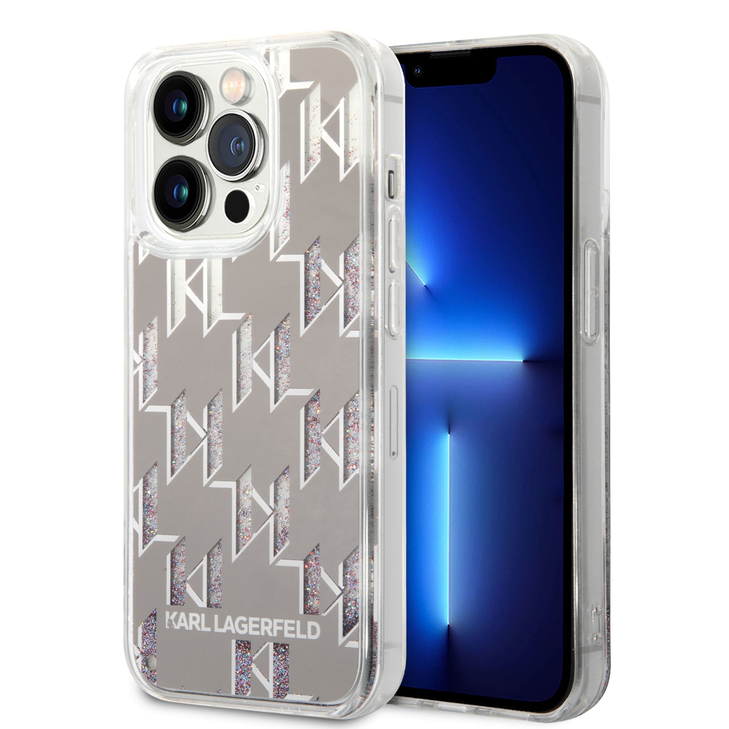 Puzdro pre Apple iPhone 14 Pro, Karl Lagerfeld, Liquid Glitter Monogram, Strieborné