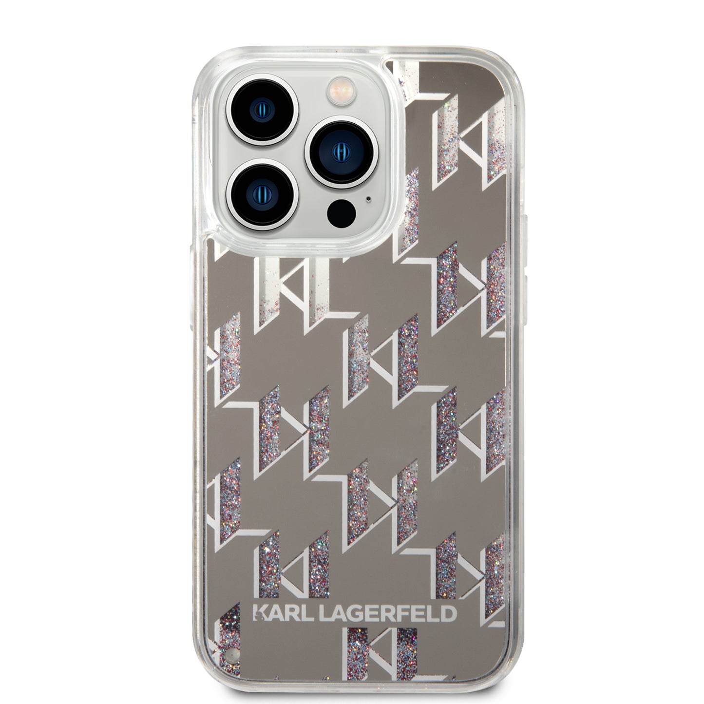 Puzdro pre Apple iPhone 14 Pro, Karl Lagerfeld, Liquid Glitter Monogram, Strieborné