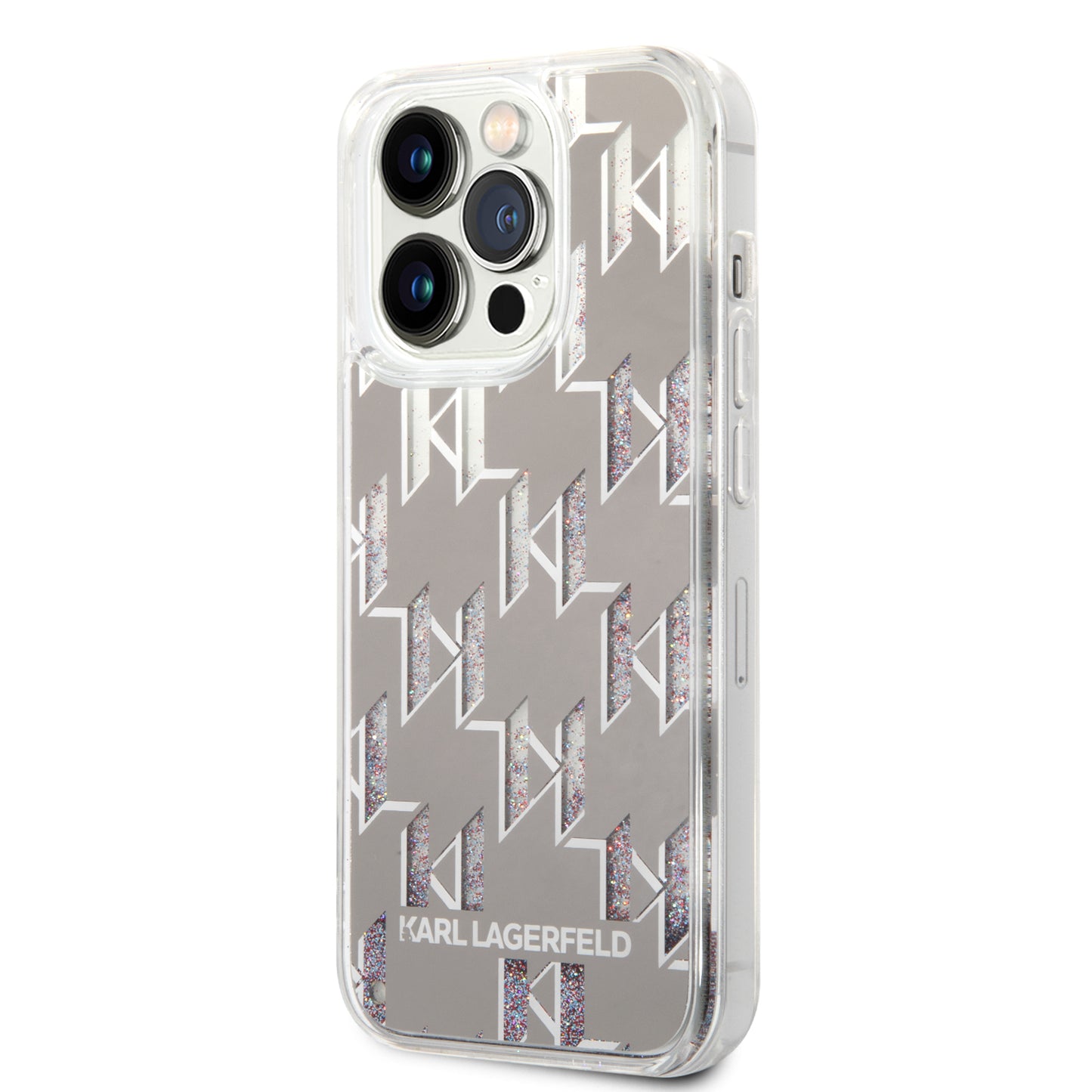 Puzdro pre Apple iPhone 14 Pro, Karl Lagerfeld, Liquid Glitter Monogram, Strieborné