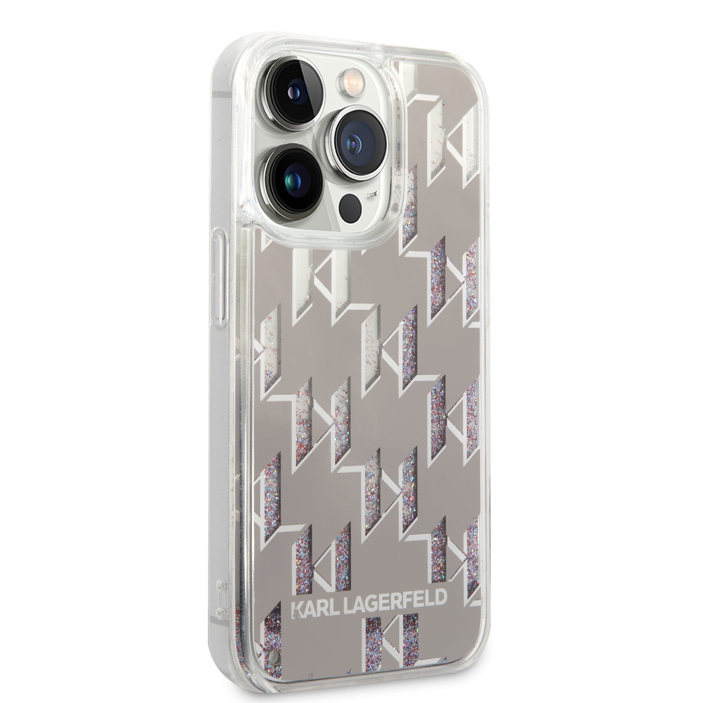 Puzdro pre Apple iPhone 14 Pro, Karl Lagerfeld, Liquid Glitter Monogram, Strieborné