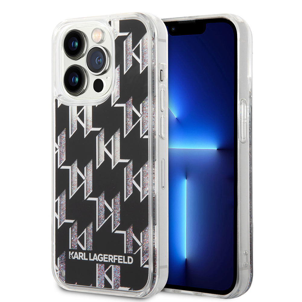 Puzdro pre Apple iPhone 14 Pro, Karl Lagerfeld, Liquid Glitter Monogram, Čierne
