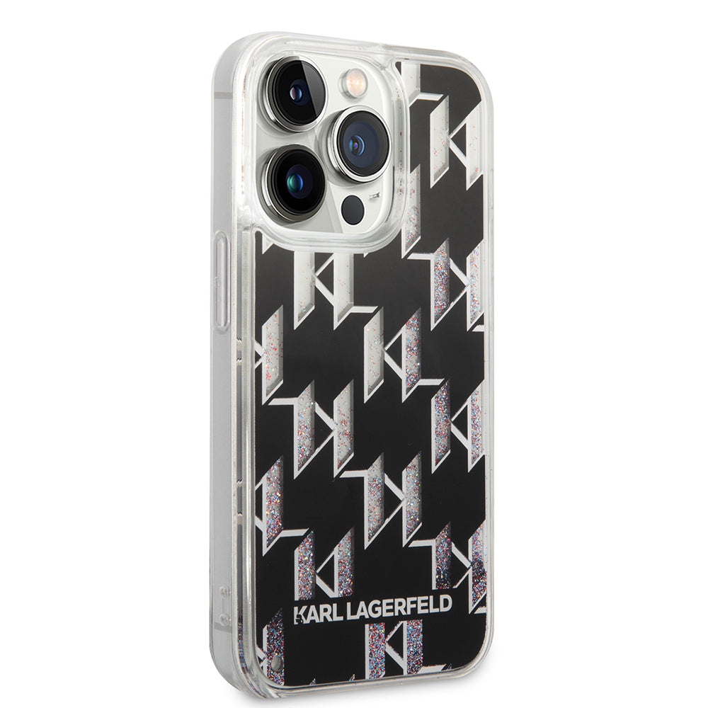 Puzdro pre Apple iPhone 14 Pro, Karl Lagerfeld, Liquid Glitter Monogram, Čierne