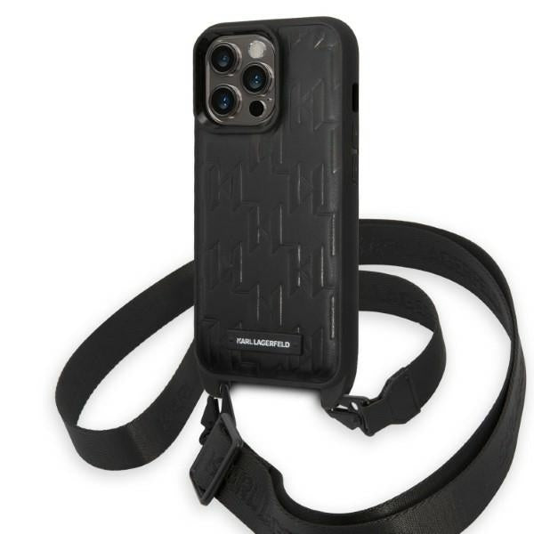 Puzdro pre Apple iPhone 14 Pro, Karl Lagerfeld, Monogram Plaque Logo with Strap, Čierne