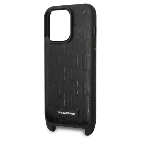 Puzdro pre Apple iPhone 14 Pro, Karl Lagerfeld, Monogram Plaque Logo with Strap, Čierne