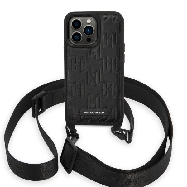 Puzdro pre Apple iPhone 14 Pro, Karl Lagerfeld, Monogram Plaque Logo with Strap, Čierne