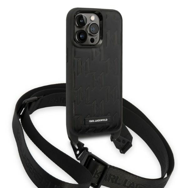 Puzdro pre Apple iPhone 14 Pro, Karl Lagerfeld, Monogram Plaque Logo with Strap, Čierne
