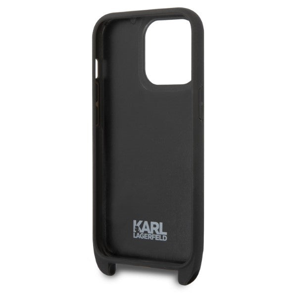 Puzdro pre Apple iPhone 14 Pro, Karl Lagerfeld, Monogram Plaque Logo with Strap, Čierne
