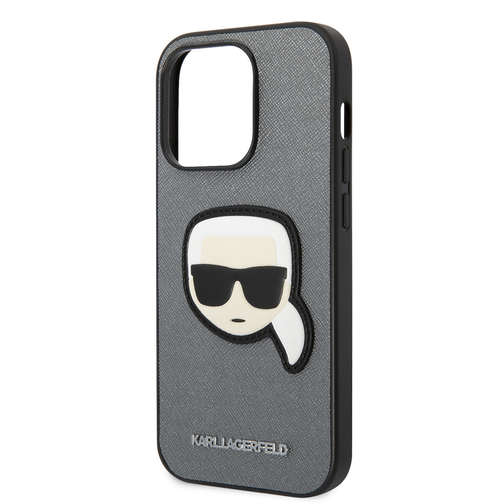 Puzdro pre Apple iPhone 14 Pro, Karl Lagerfeld, Saffiano Karl's Head, Strieborné