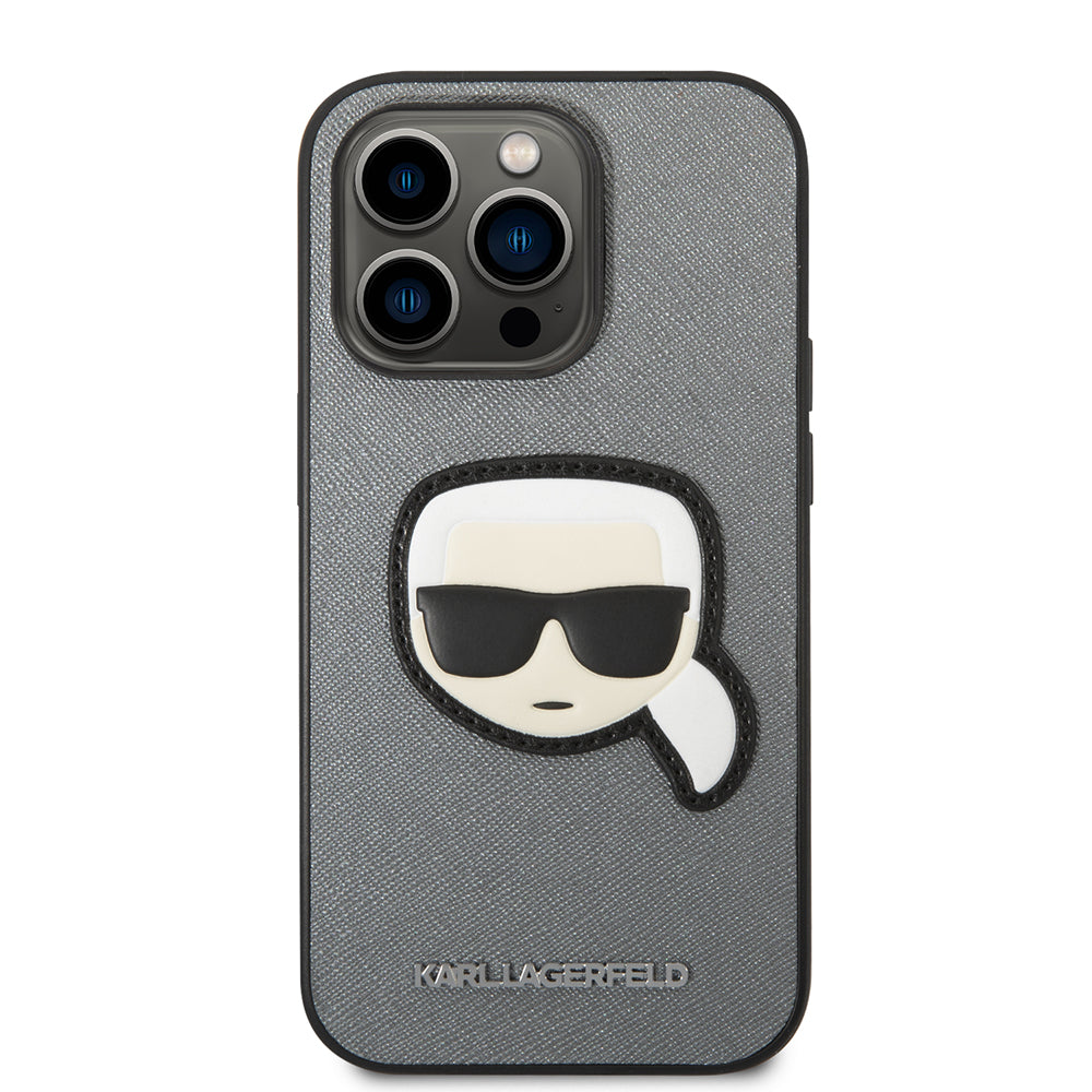 Puzdro pre Apple iPhone 14 Pro, Karl Lagerfeld, Saffiano Karl's Head, Strieborné