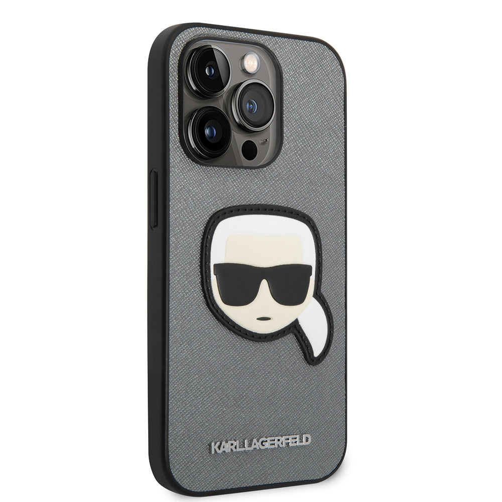 Puzdro pre Apple iPhone 14 Pro, Karl Lagerfeld, Saffiano Karl's Head, Strieborné