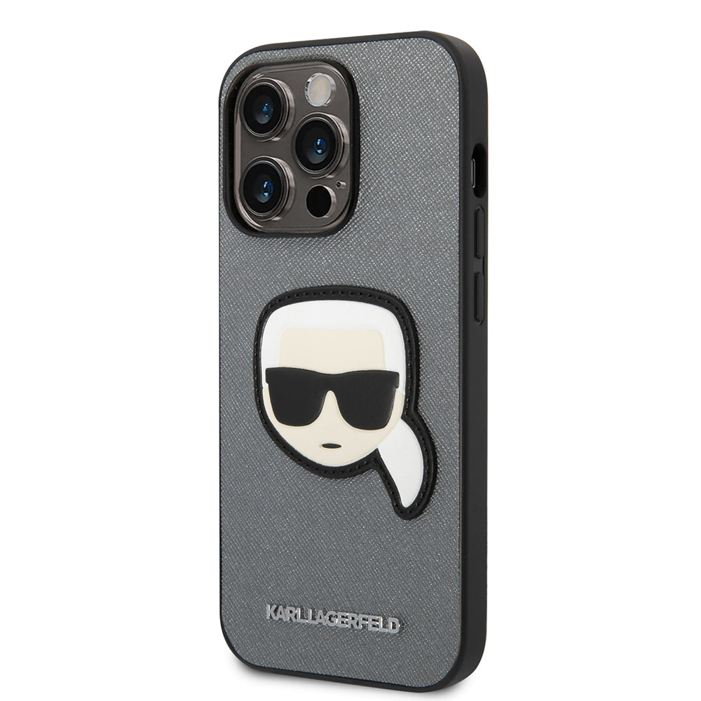 Puzdro pre Apple iPhone 14 Pro, Karl Lagerfeld, Saffiano Karl's Head, Strieborné
