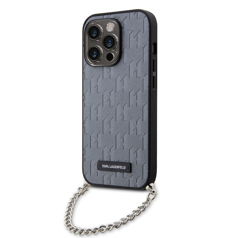 Puzdro pre Apple iPhone 14 Pro, Karl Lagerfeld, Saffiano Monogram Chain, Strieborné