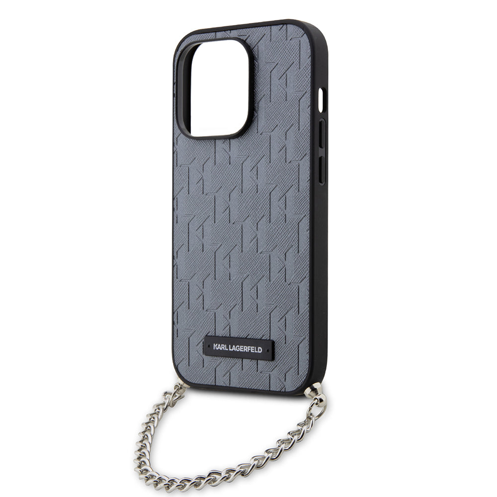 Puzdro pre Apple iPhone 14 Pro, Karl Lagerfeld, Saffiano Monogram Chain, Strieborné