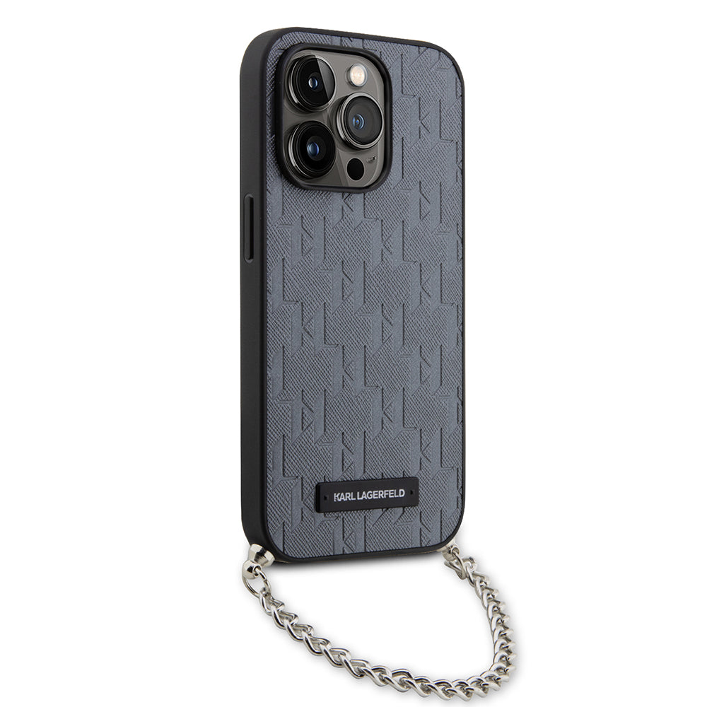Puzdro pre Apple iPhone 14 Pro, Karl Lagerfeld, Saffiano Monogram Chain, Strieborné