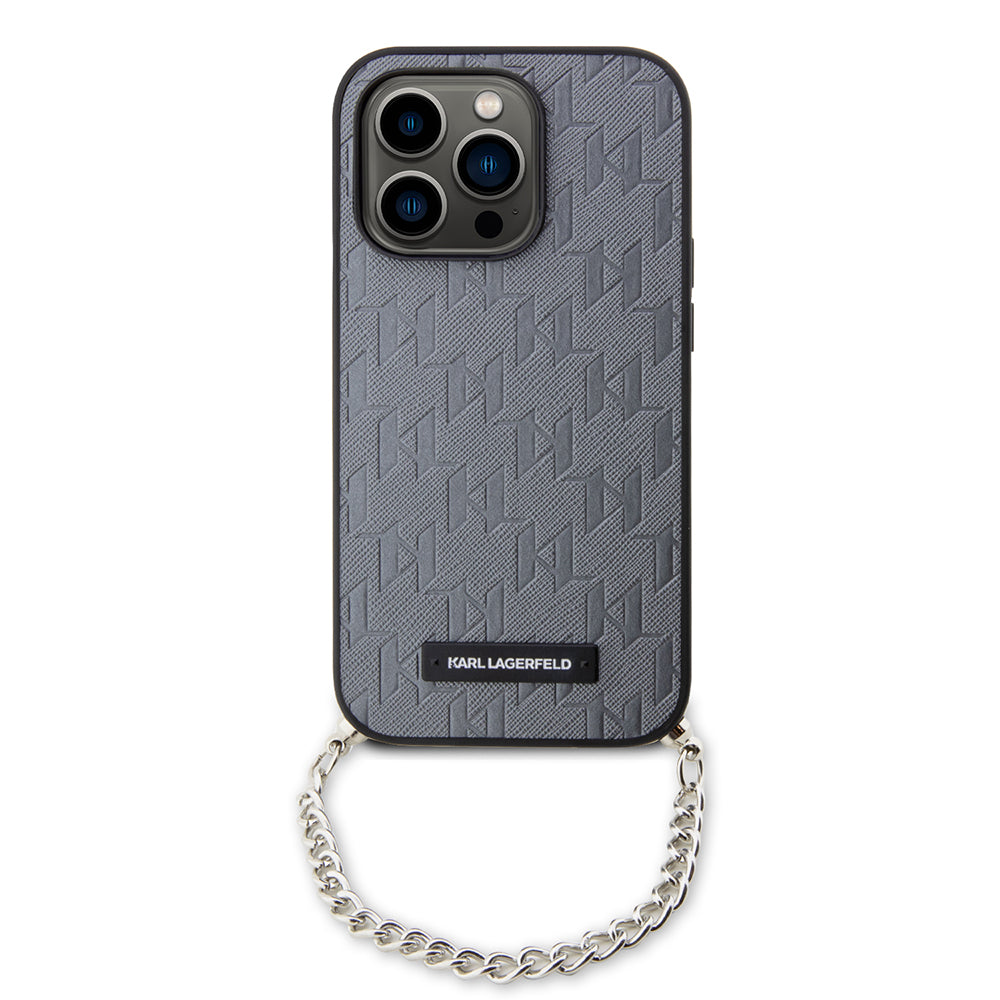 Puzdro pre Apple iPhone 14 Pro, Karl Lagerfeld, Saffiano Monogram Chain, Strieborné