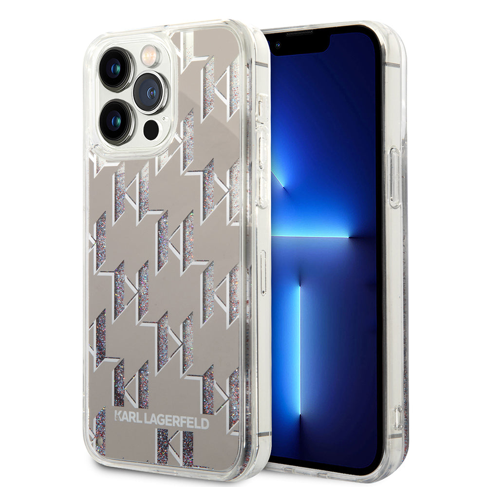 Puzdro pre Apple iPhone 14 Pro Max, Karl Lagerfeld, Liquid Glitter Monogram, Strieborné