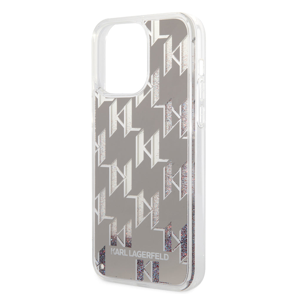 Puzdro pre Apple iPhone 14 Pro Max, Karl Lagerfeld, Liquid Glitter Monogram, Strieborné