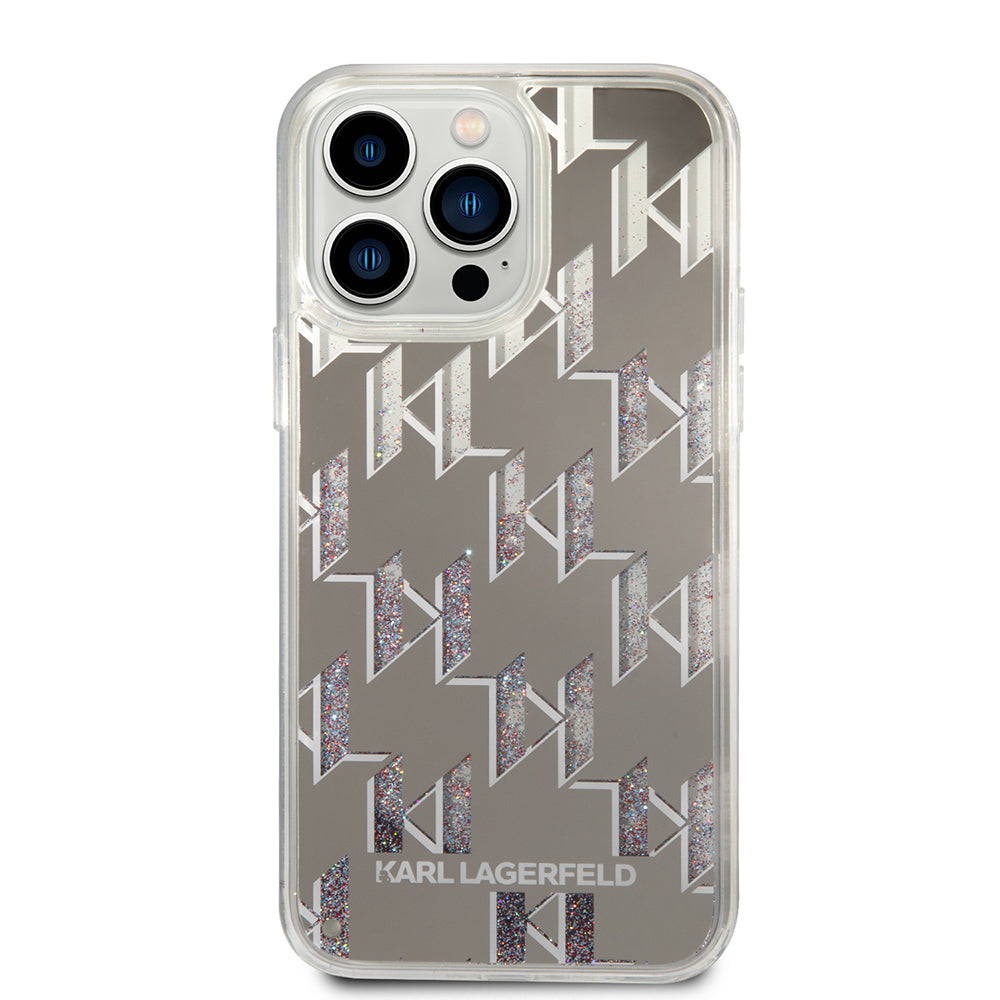 Puzdro pre Apple iPhone 14 Pro Max, Karl Lagerfeld, Liquid Glitter Monogram, Strieborné